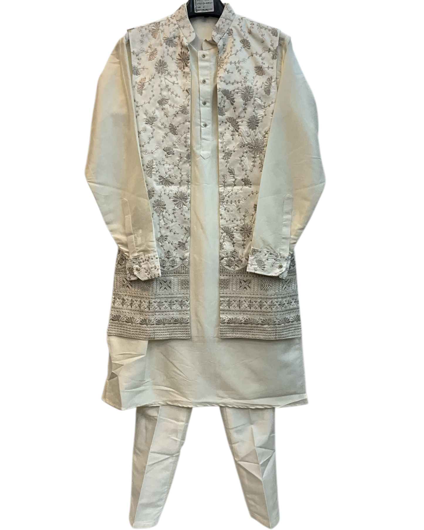 Off White / Cream - Mens Fully Embroidered Long Waistcoat with Rich Kurta set - KCS4853 03TH26