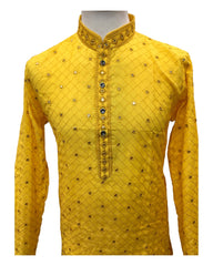 Haldi Yellow - Linen Mirror Work Mens Kurta Set - Sangeet Mehendi Haldi - NY2303 KT 1123