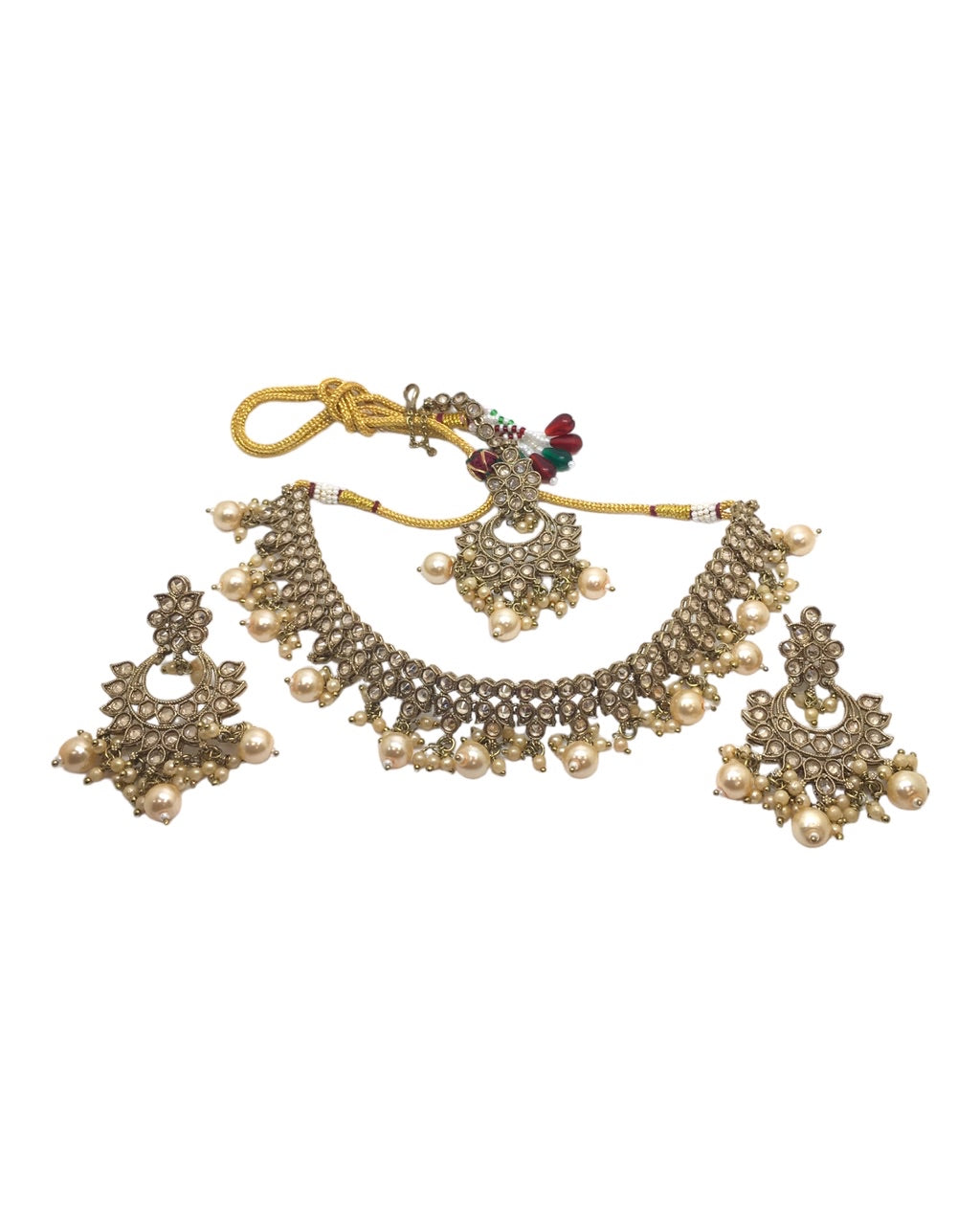 Gold / Pearl- Medium Reverse Stone Choker Necklace set - Bollywood - Weddings - MNA920 KY 0923