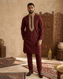 Maroon - Soft Cotton Silky Mens Kurta Set with Rich Embroidery- Sangeet Mehendi Haldi - KCS2002 06VY26