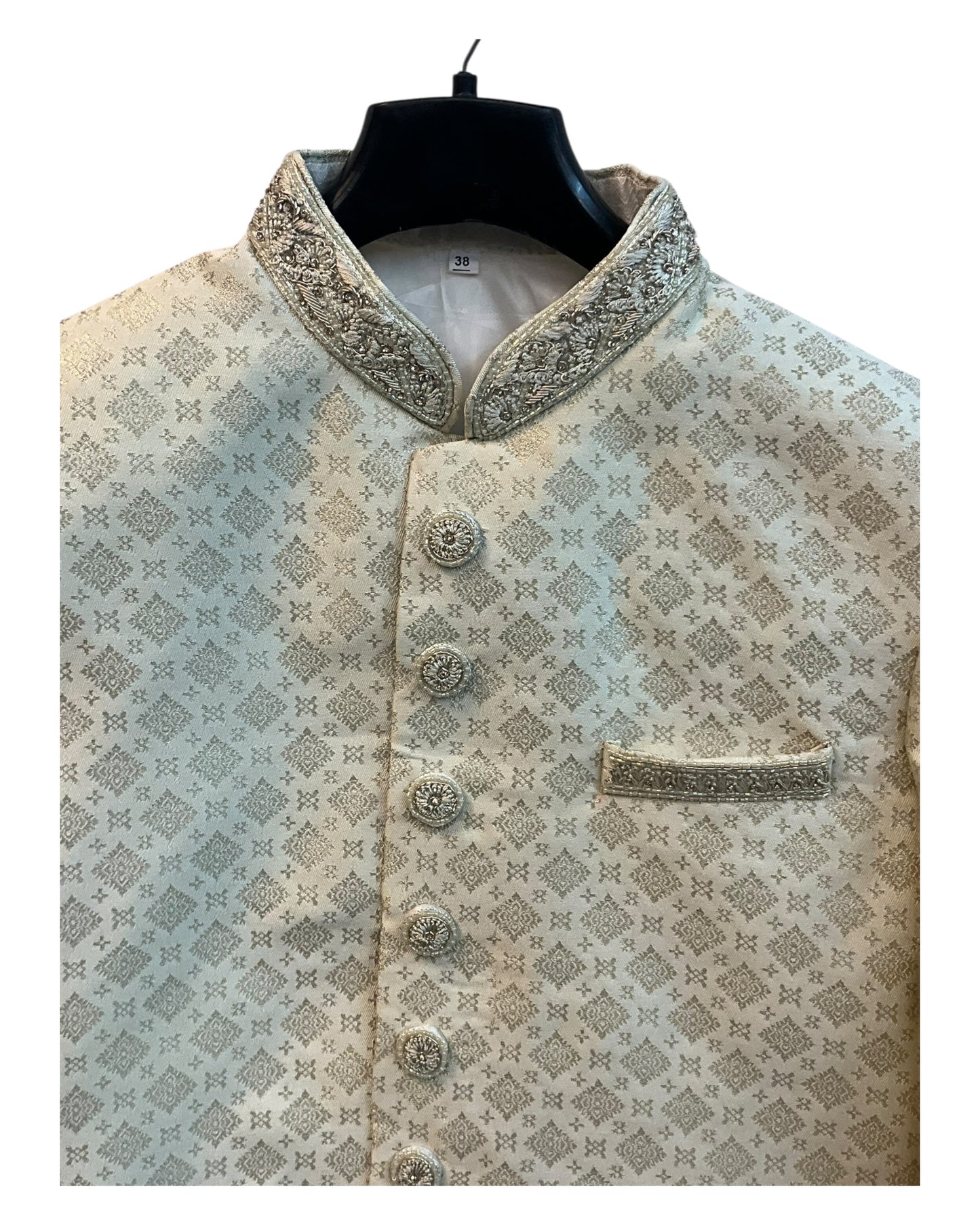 Light Gold - Hand Embroidered Banarasi Handloom Gold Brocade Sherwani with Gold Buttons - UK Stock - BS1028 08RC25