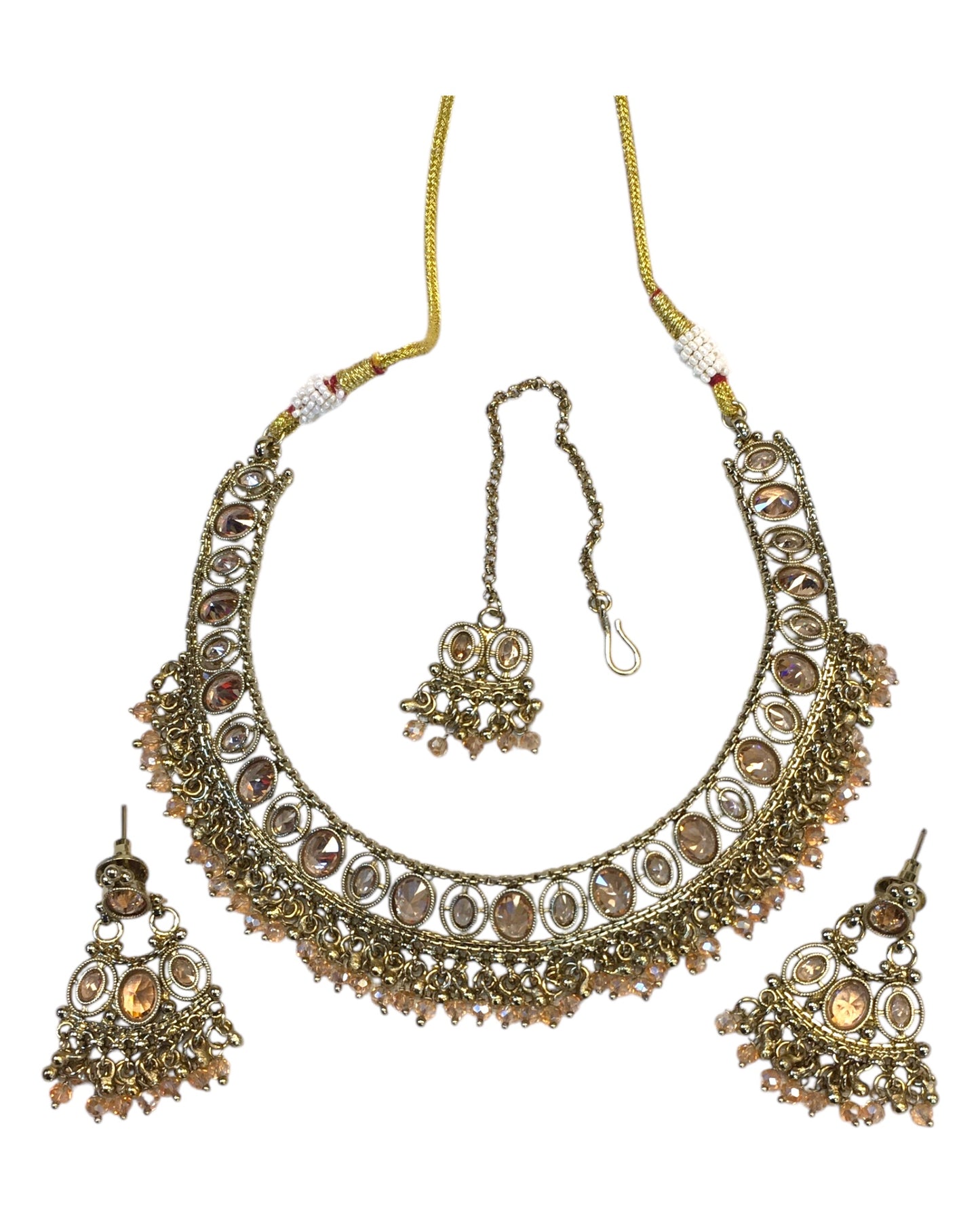 Gold / Neutral - Antique Gold Finish Necklace & Earrings Set - Bollywood - Weddings - DAJ547 11KV24