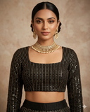 Size 38" / UK 12 - Black - Rich Sequins Embroidered Long Sleeve Saree blouse with cups - UK Stock - Quick Delivery - RNK - R860-KA