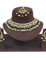 Navy Blue - Large Size Antique Gold Finish Necklace Set with Earrings - JE19  C 0424