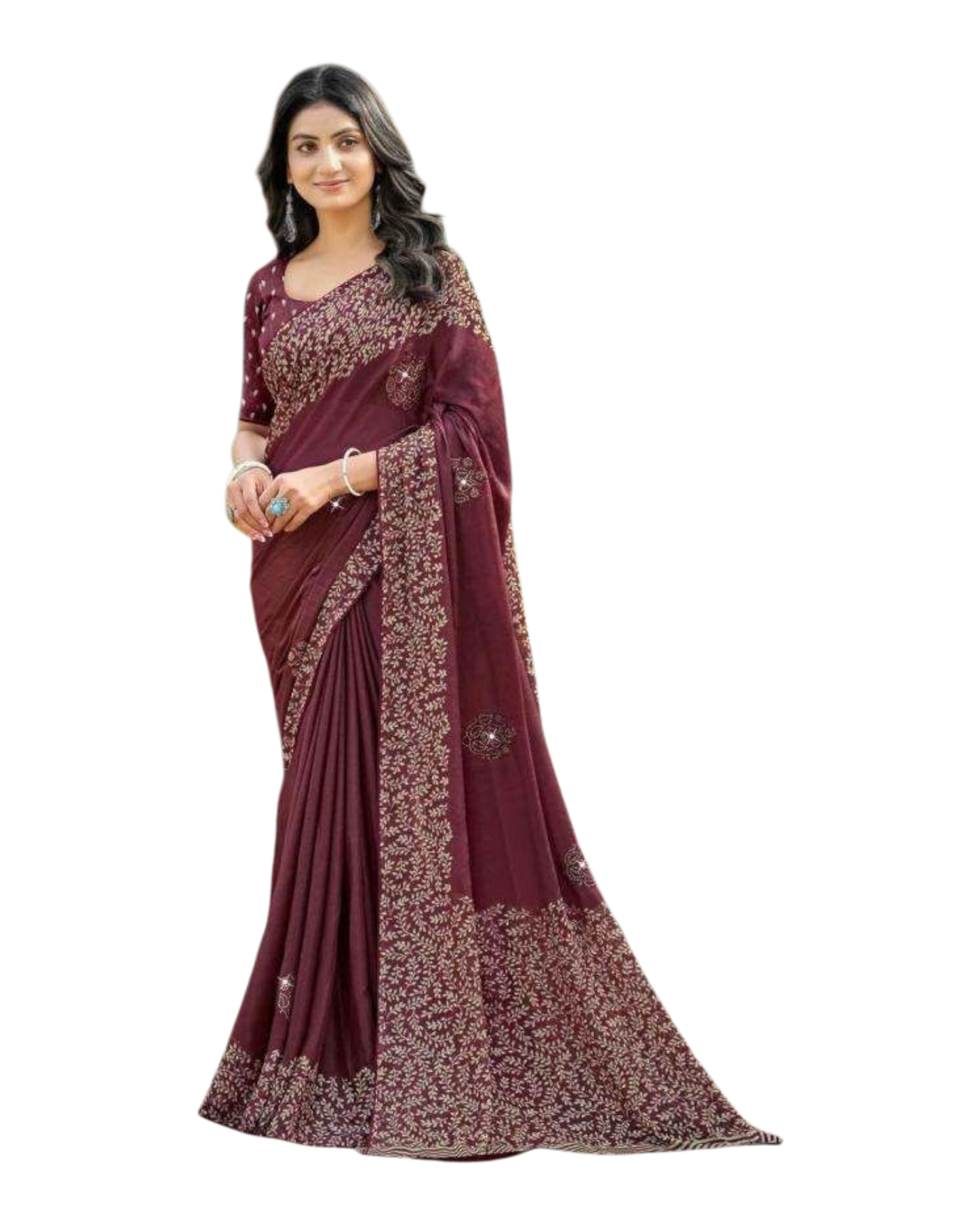 Wine / Purple - Chiffon Printed Saree with Blouse Piece - UK stock - 24hr Dispatch - LTF103 07KT26