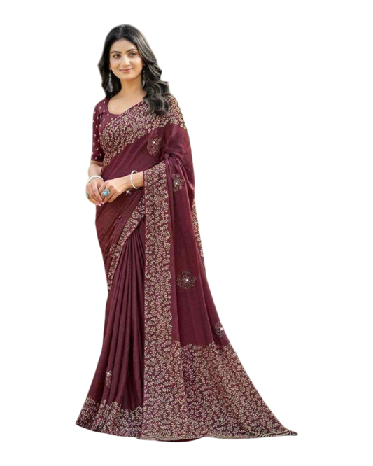 Brown - Chiffon Printed Saree with Blouse Piece - UK stock - 24hr Dispatch - LTF107 07KT26