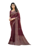 Wine / Purple - Chiffon Printed Saree with Blouse Piece - UK stock - 24hr Dispatch - LTF103 07KT26