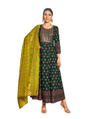 Bottle Green - Cotton Block Printed Long Dress with Dupatta - Available in Sizes 14(40