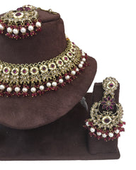 Magenta - Large Size Antique Gold Finish Necklace Set with Earrings - RAK501  KC 0424