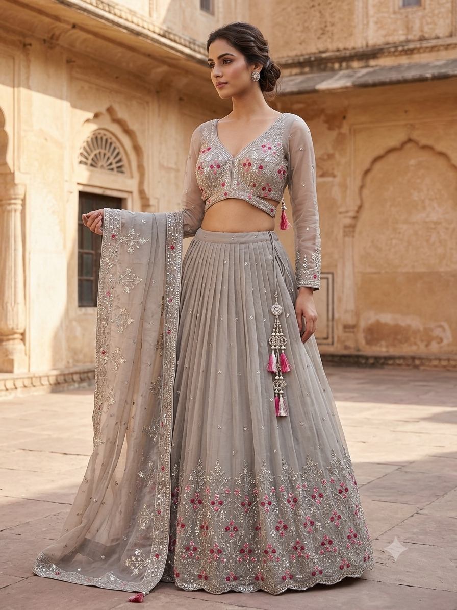SALE ! Size UK 12 (38") Light Grey - Lehenga Set - Mehndi / Sangeet / Bridesmaids / Weddings / Garba  - UK Stock - 24h Dispatch - OC42076  PA26