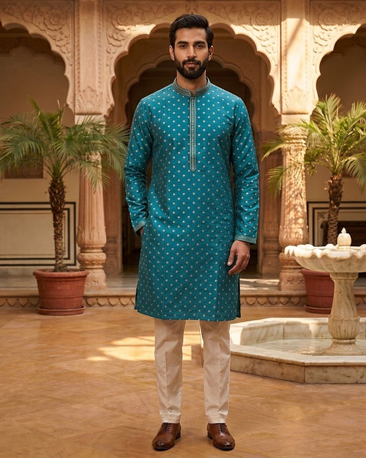 Turquoise Blue - Banarasi Handloom Brocade Mens Indian Kurta set with Trousers - UK Stock - Weddings / Walimas , Sangeet, Diwali, Eid, Mehndi / Henna - VEE3006 VV