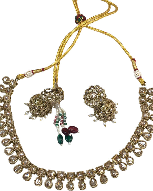 Gold / Neutral - Medium Size Antique Gold Finish Necklace Set with Earrings - SV2403  H 0424