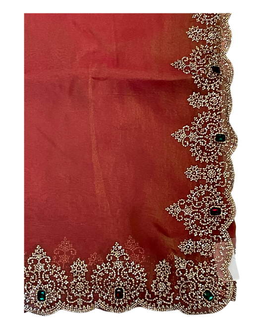 Coral Pink - Rich Saree with Stone Work and Blouse Piece - UK stock - 24hr Dispatch - RS2502 TH
