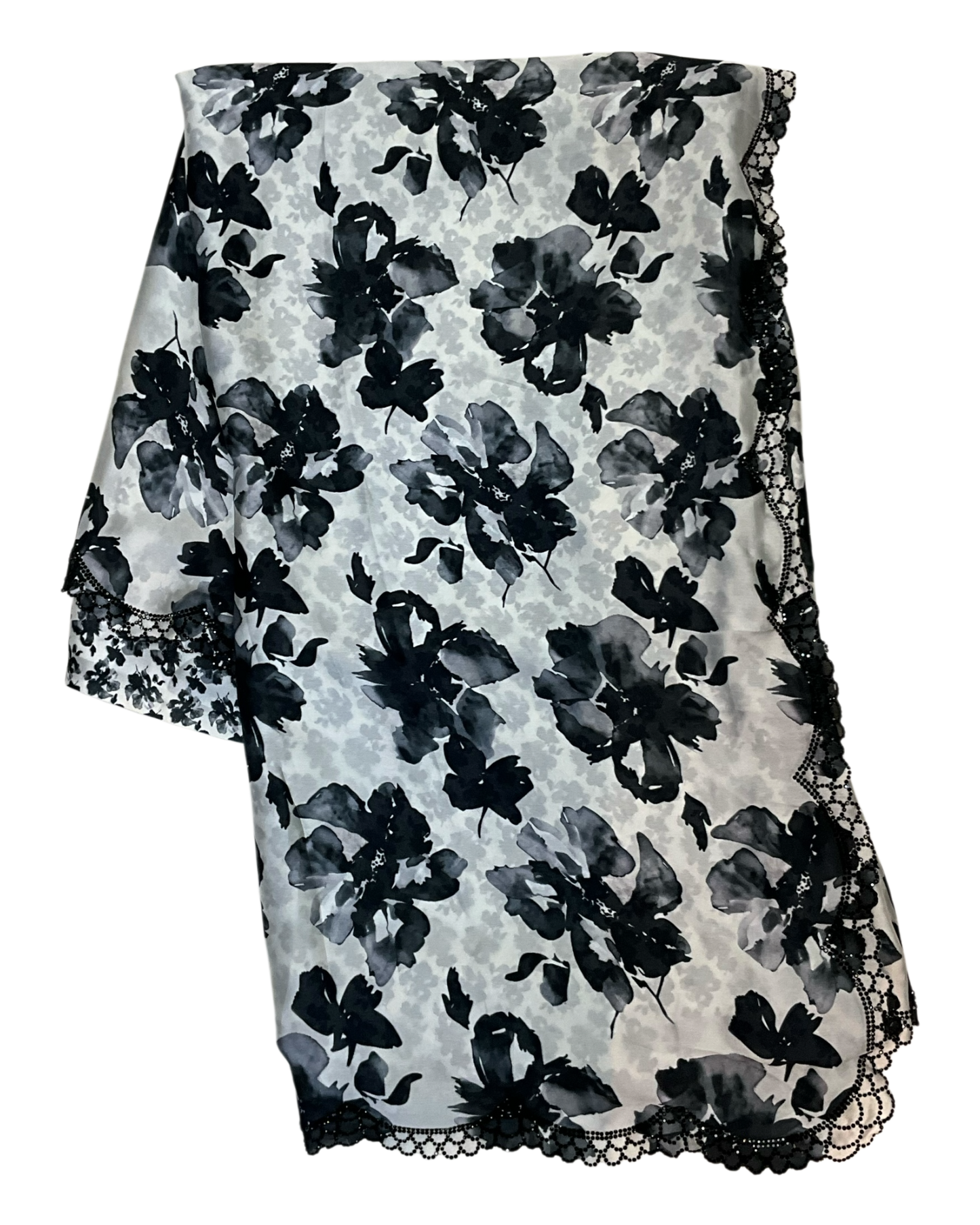 Black Floral - Classic Satin Crepe Saree with Stone Work and Blouse Piece - UK stock - 24hr Dispatch - RS2515 VJ