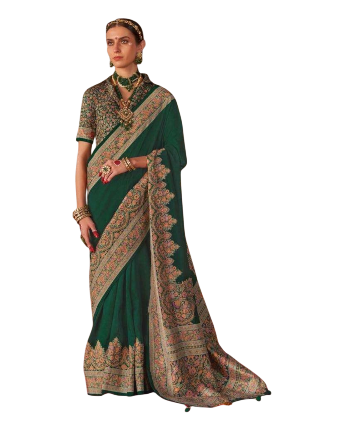 Green - Traditional Block Printed Dupion Silky Saree with Blouse Piece - UK Stock - 2/3 days Delivery  12KC25 K911