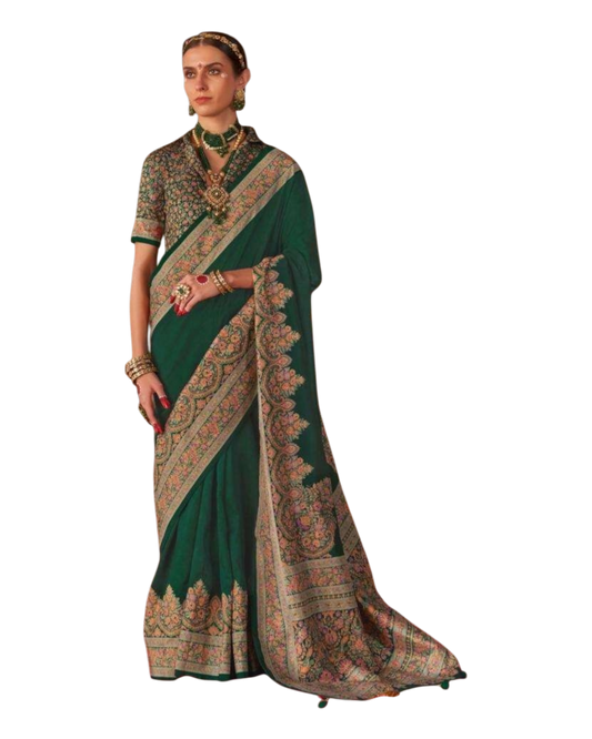 Green - Traditional Block Printed Dupion Silky Saree with Blouse Piece - UK Stock - 2/3 days Delivery  12KC25 K911