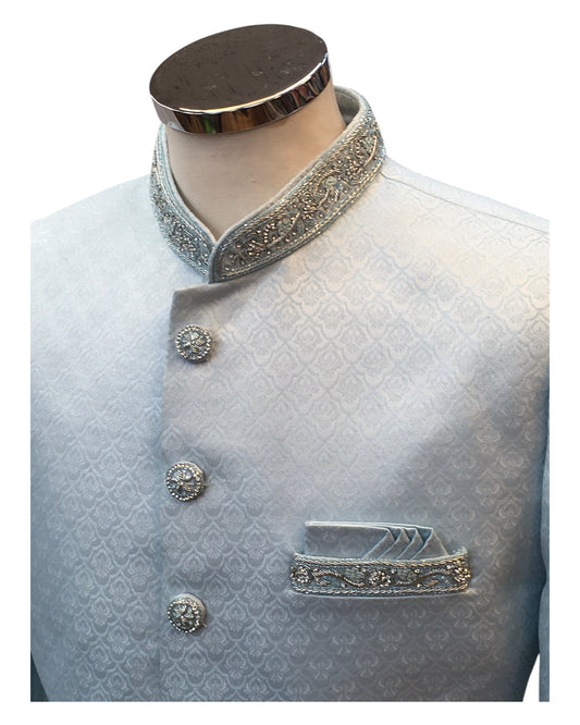 Sky / Light Blue - Rich Banarasi Brocade Sherwani with Zardosi Hand Embroidery -  BS978 01KYV25