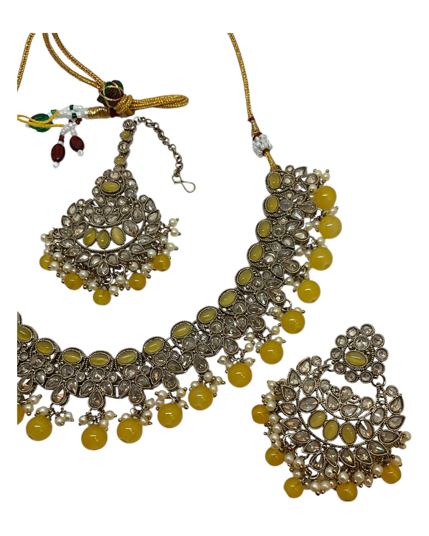 Yellow - Large Size Antique Gold Finish Necklace Set with Earrings & Head Piece - Bollywood - AE2514 08KY25