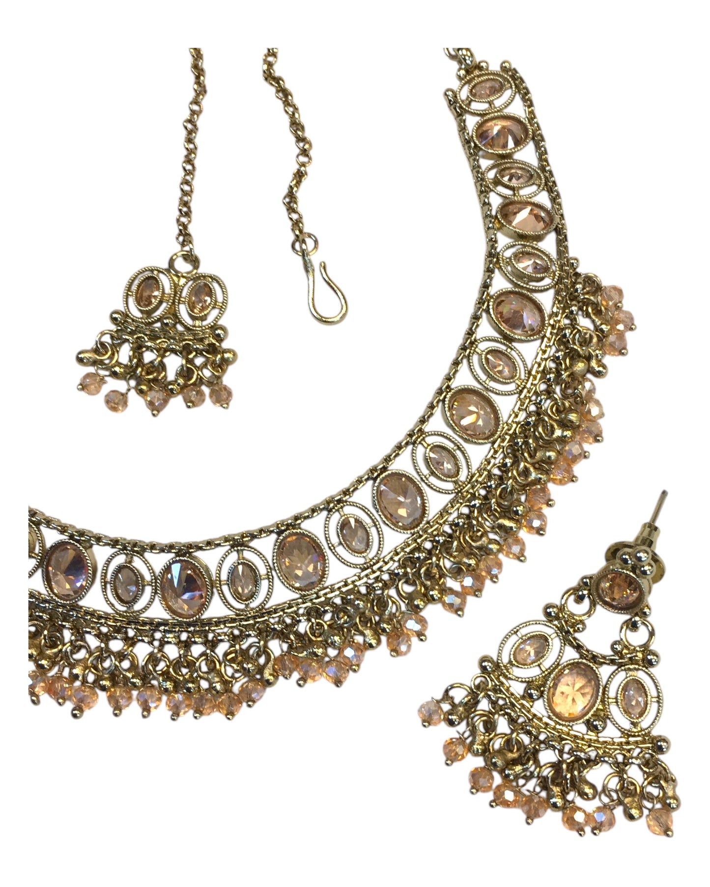 Gold / Neutral - Antique Gold Finish Necklace & Earrings Set - Bollywood - Weddings - DAJ547 11KV24