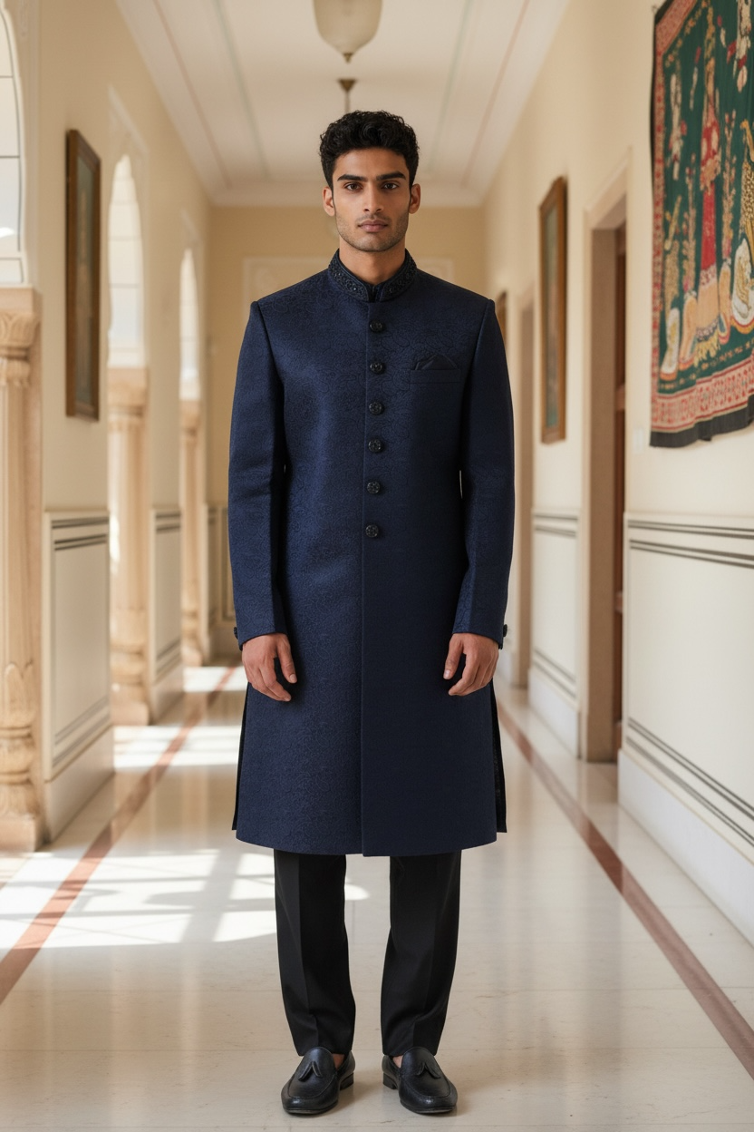 Navy Blue - Rich Banarasi Brocade - Sherwani with Black Hand Embroidery - BS1025 02RP26