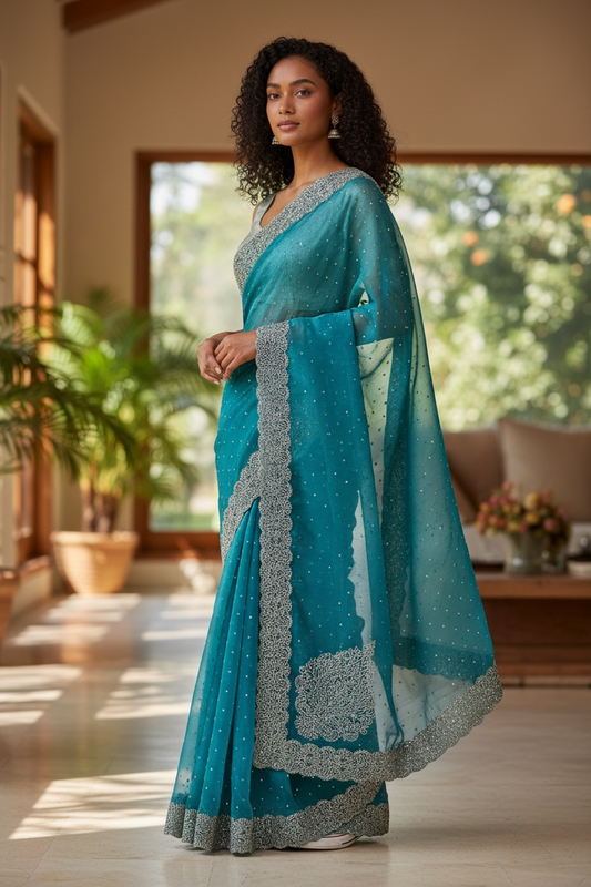 Light Blue - Rich Saree with Thread / Stone Embroidery and Blouse Piece - UK stock - 24hr Dispatch - RS2525 VJ