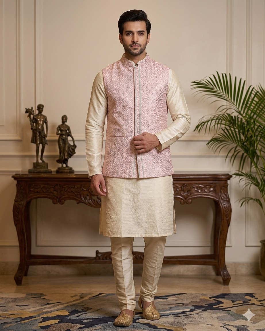 Pastel Baby Pink - All Over Embroidered - Mens Indian Waistcoat - UK Stock - 24 hr Dispatch - KCS4835 06KA26