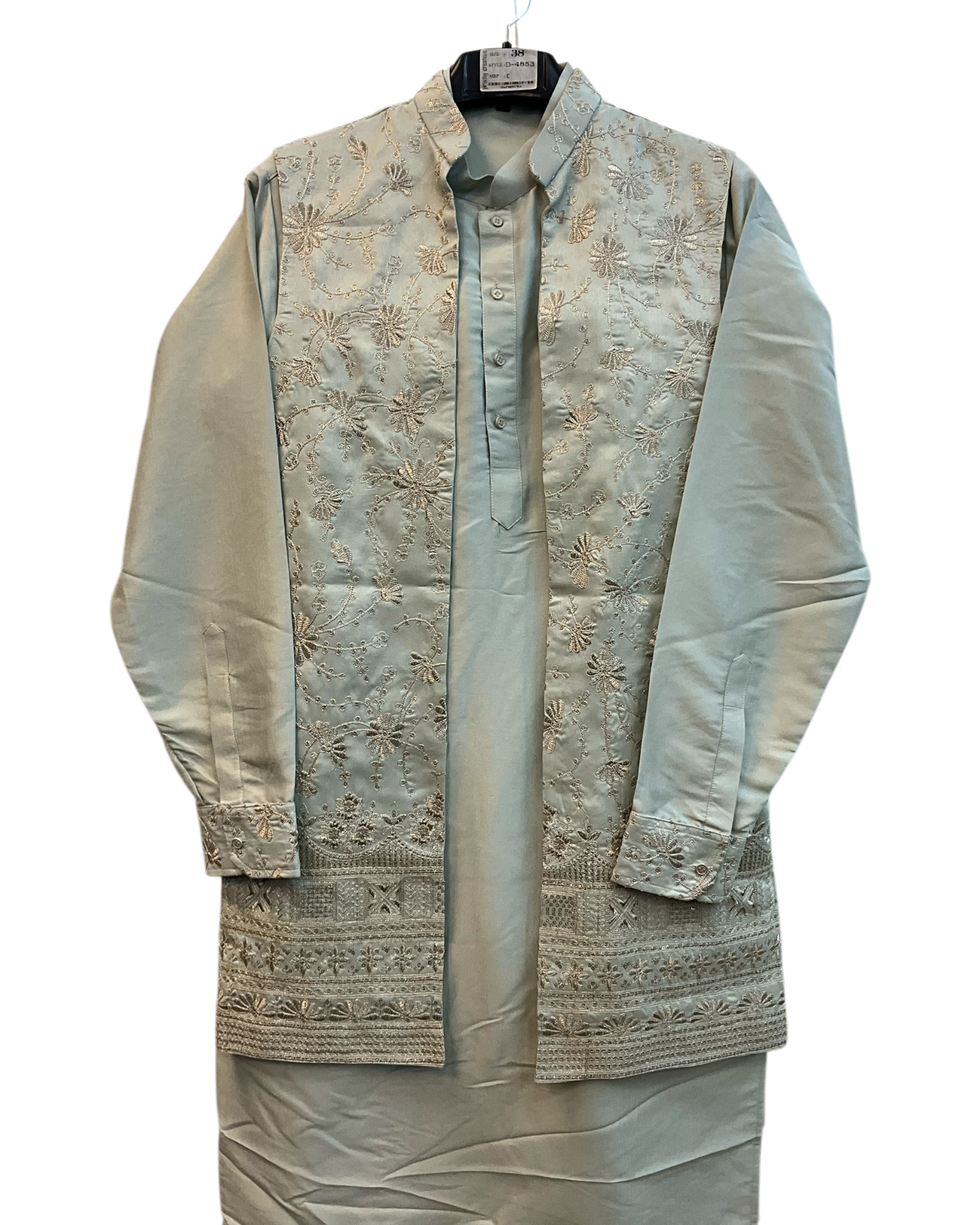 Light Grey / Silver - Mens Fully Embroidered Long Waistcoat with Rich Kurta set - KCS4853 03TH26