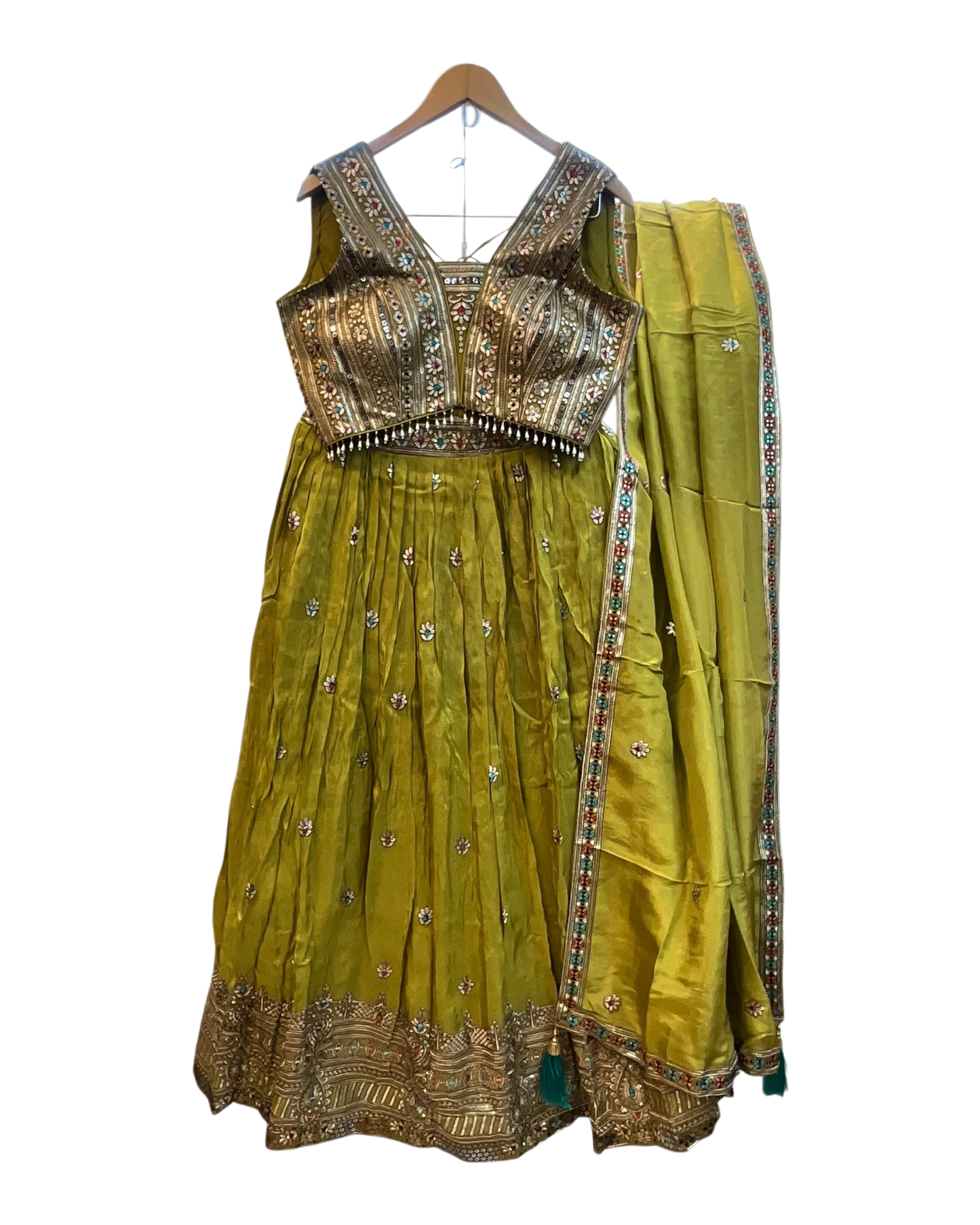 Size UK 14 (40" Bust) Adjustable to Size 16 - Olive Green - Banarasi Silky Lehenga Set - Mehndi / Sangeet / Bridesmaids / Weddings / Garba  - UK Stock - 24h Dispatch - JF7973 05JP26