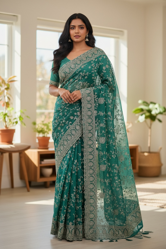 Light Blue - Rich Saree with Allover Embroidery and Blouse Piece - UK stock - 24hr Dispatch - RS2507 PT