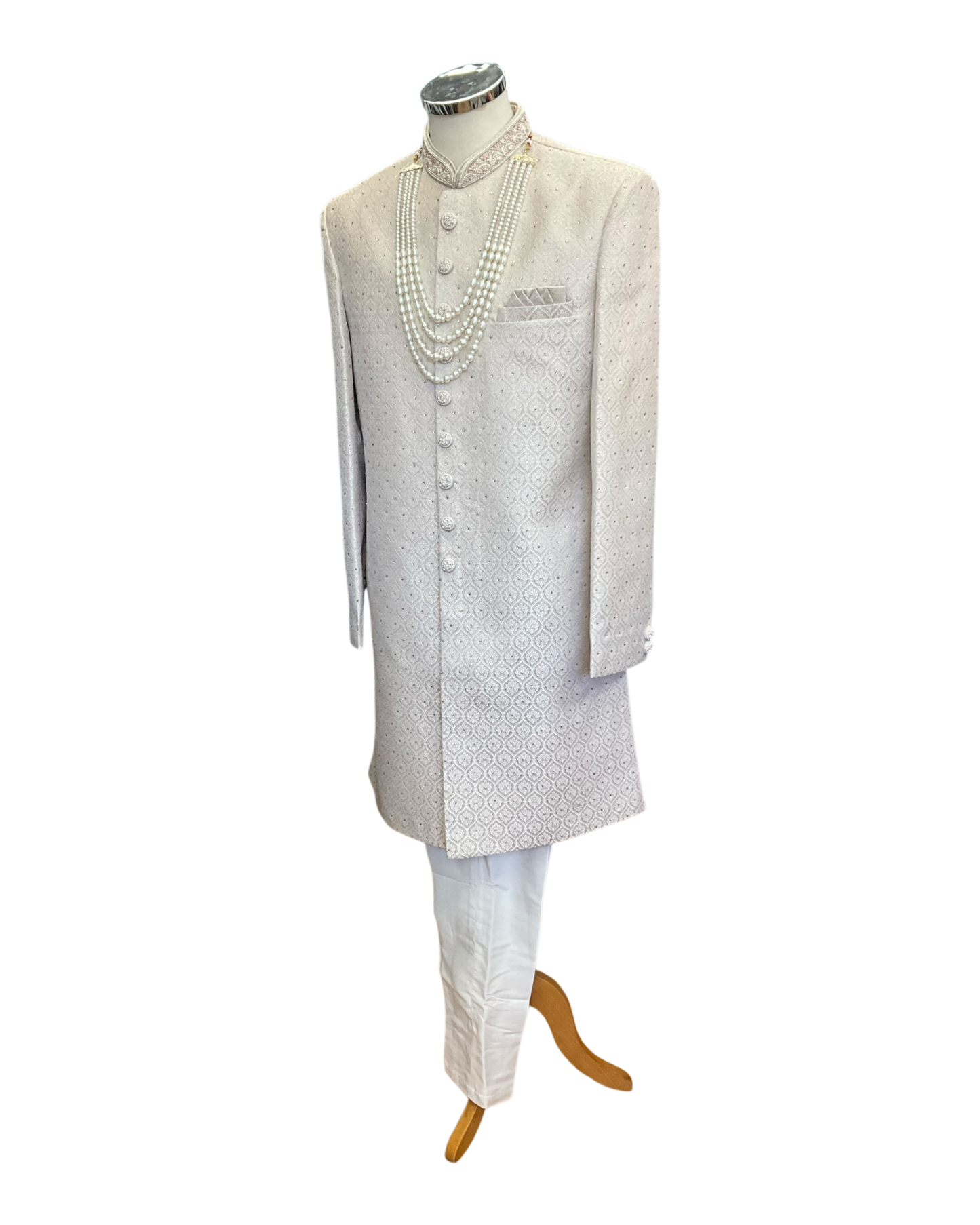 Cream - Rich Banarasi Brocade Sherwani with Pearls and Light Pink Embroidery - JF002 05RP26