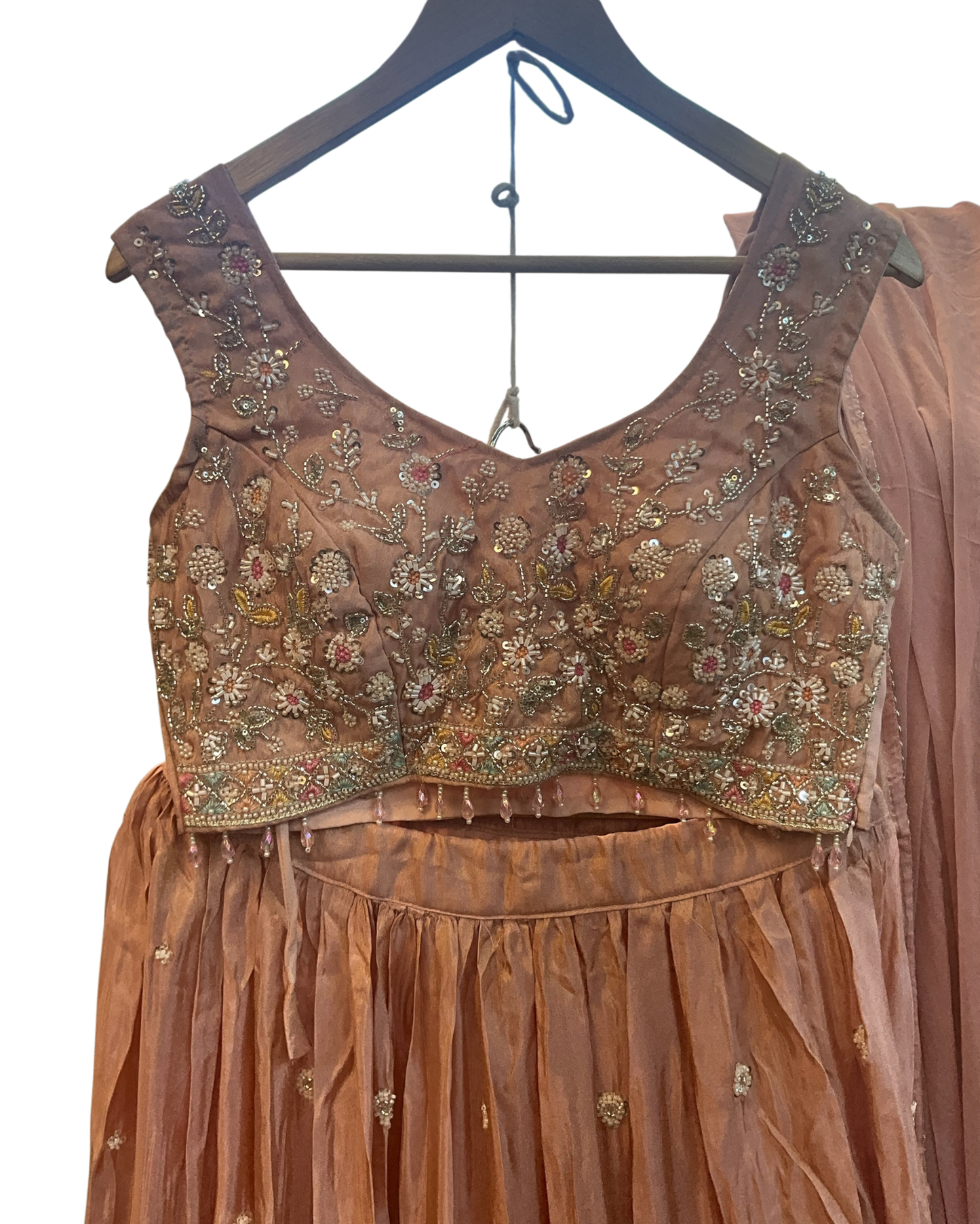 Size UK 10 (36" Bust) Adjustable to Size 12 - Pastel Coral Pink / Peach - Silky Lehenga Set - Mehndi / Sangeet / Bridesmaids / Weddings / Garba  - UK Stock - 24h Dispatch - KM557 07TP26