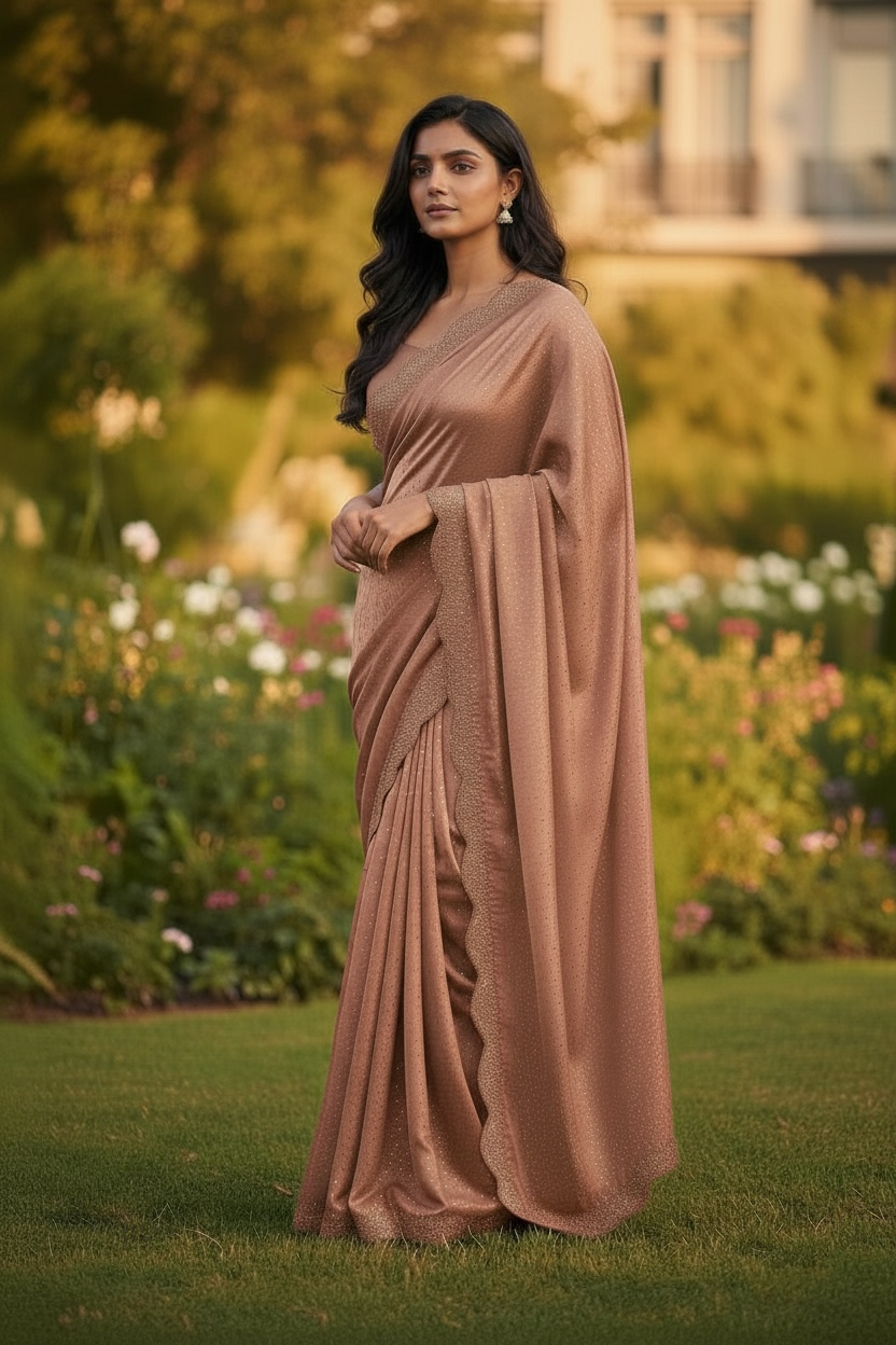 Rose Gold - Fancy Stone Work Saree with Blouse Piece - UK stock - 24hr Dispatch - RS2539 JJ