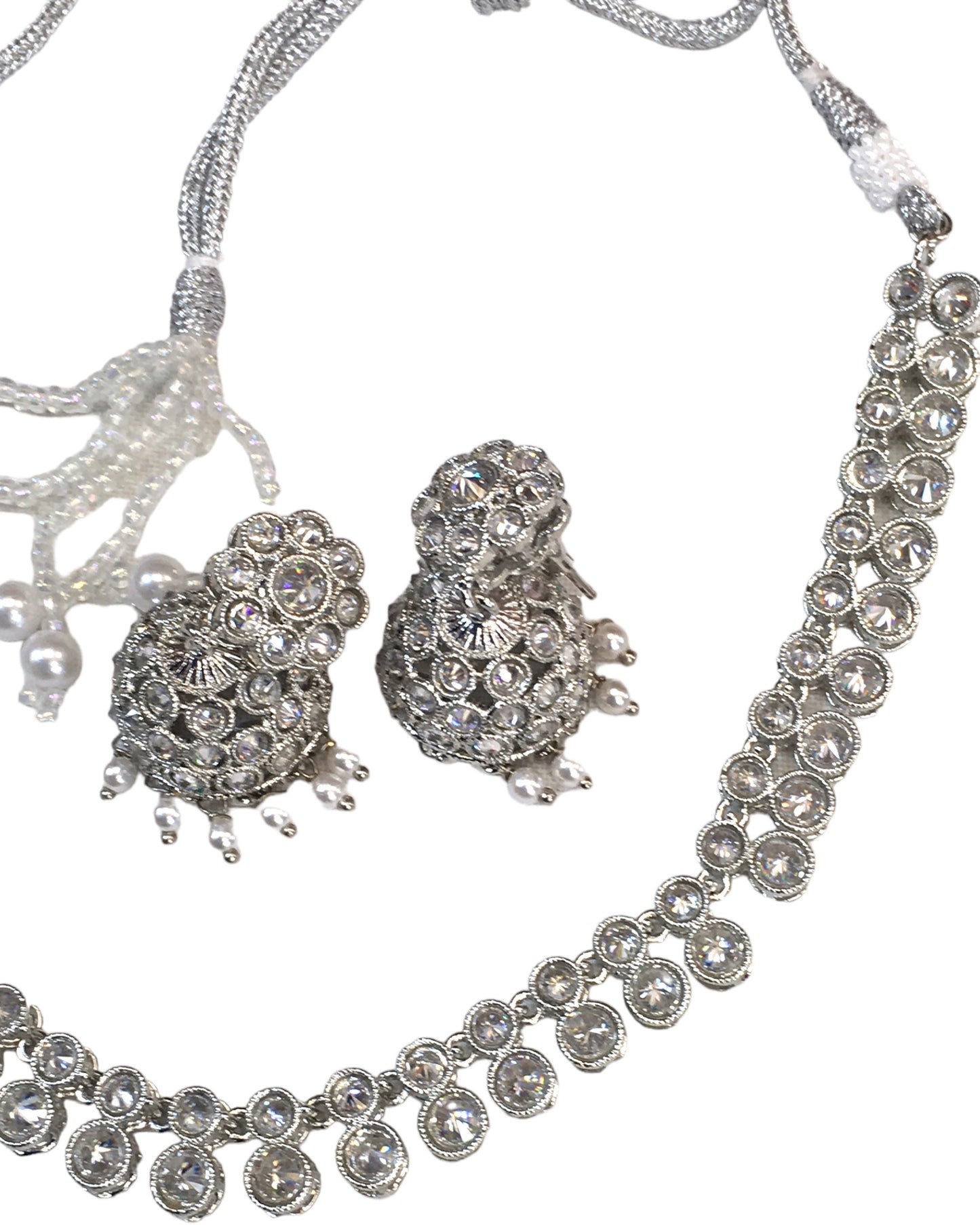 Clear / Neutral - Small Size Silver Finish Necklace Set with Earrings - SV2402  H 0424