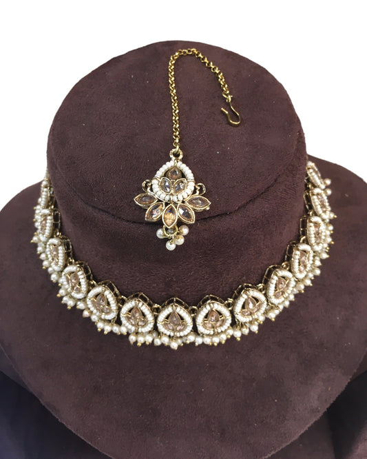 Gold / Neutral - Medium Size Antique Gold Finish Necklace Set with Earrings - RAK122  R 0424