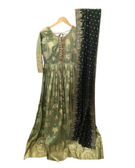Banarasi Silky Mint Green Anarakali Long Dress with Trousers - Size 10, 14 16 (Bust 36