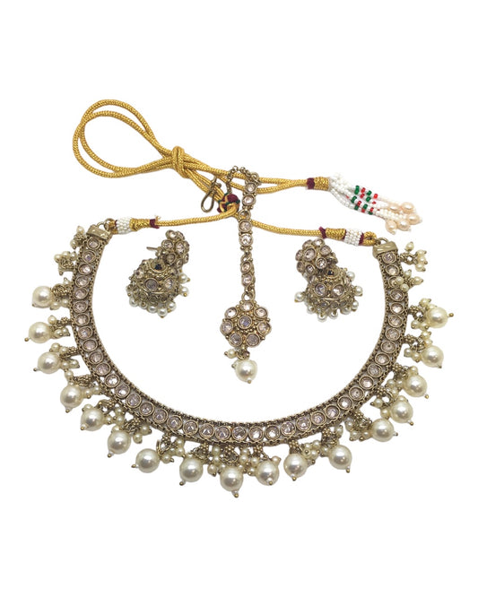 Pearl / Gold - Reverse Stone Choker Necklace set - Weddings - NIR804 H 0923
