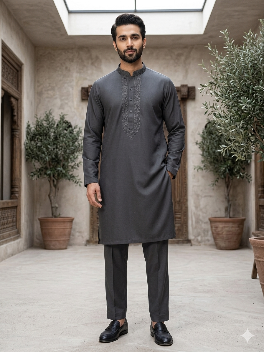 Grey - Soft Silky Mens Kurta Set with Neck Thread Embroidery- Sangeet Mehendi Haldi - KCS2001 06KH26
