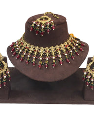 Maroon - Large Size Antique Gold Finish Necklace Set with Earrings - HB999  KT 0424