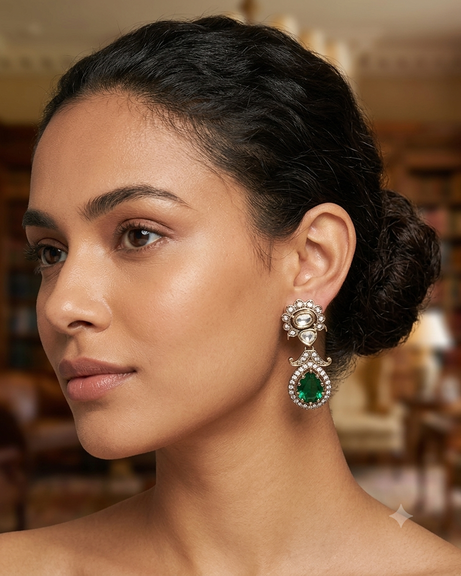 Green - Small - Antique Gold Finish Traditional Earrings - Bollywood - Weddings - 15ER715 07J26