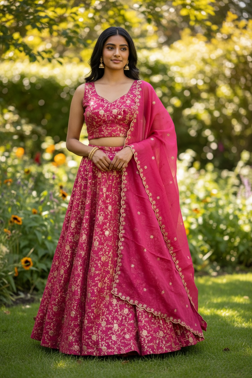 Magenta / Fuchsia - Banarasi Brocade Silky Lehenga Set - Mehndi / Sangeet / Bridesmaids / Weddings / Garba  - Size UK 12 (38" Bust) Adjustable to Size 14 - UK Stock - 24h Dispatch - AF2601 02VP26
