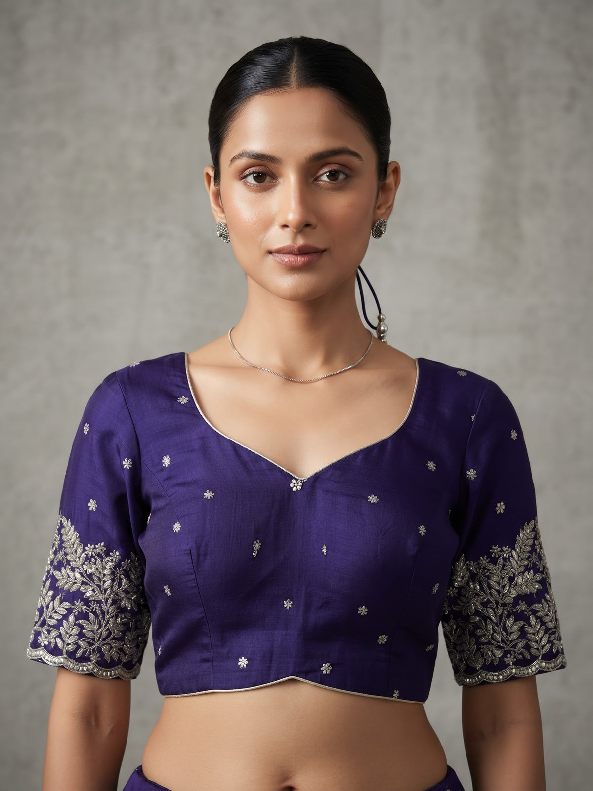 Size 40" / UK 14 - Purple - Zari Embroidered Silk Blouse with Elbow-Length Sleeves - UK Stock - With Margin inside - VAM1296 - KY
