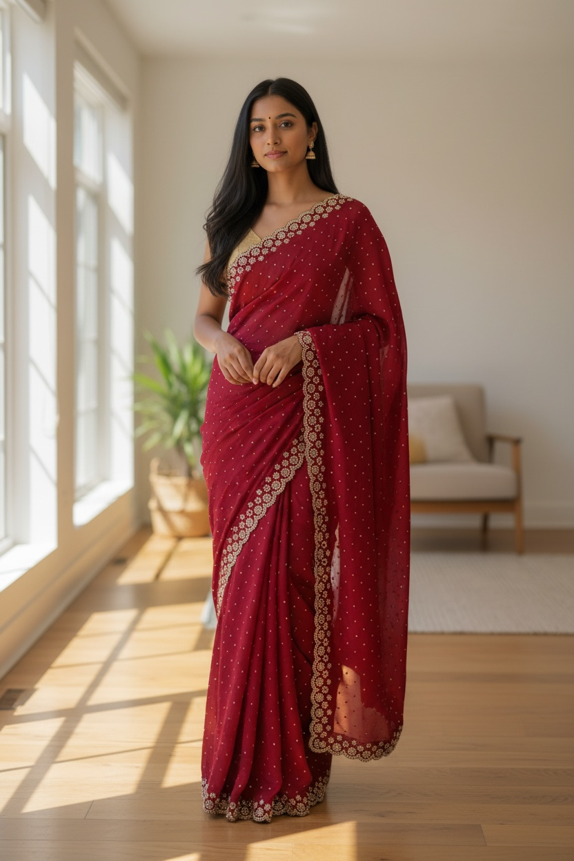 Red - Rich Saree with Stone Work and Blouse Piece - UK stock - 24hr Dispatch - RS2514 VC