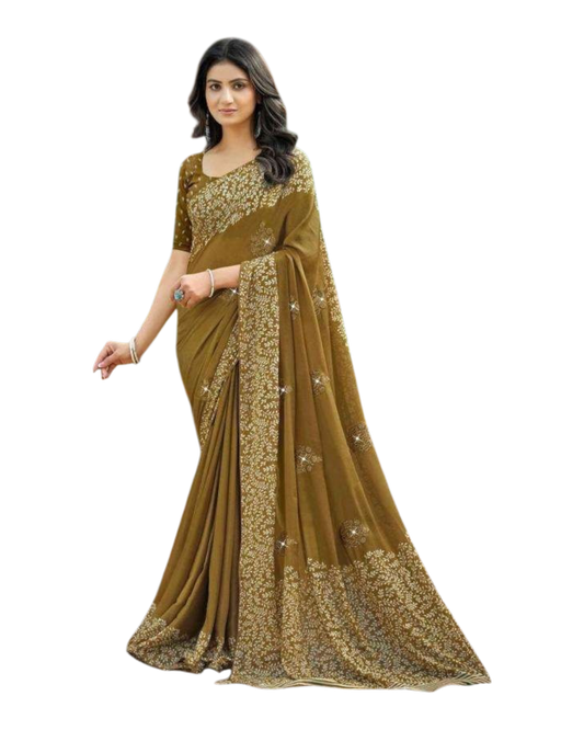 Mustard / Haldi Green - Chiffon Printed Saree with Blouse Piece - UK stock - 24hr Dispatch - LTF106 07KT26