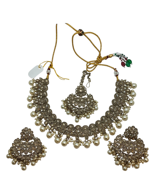 Pearl / Neutral - Large Size Antique Gold Finish Necklace Set with Earrings & Head Piece - Bollywood - AE2514 08KY25