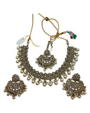 Pearl / Neutral - Large Size Antique Gold Finish Necklace Set with Earrings & Head Piece - Bollywood - AE2514 08KY25