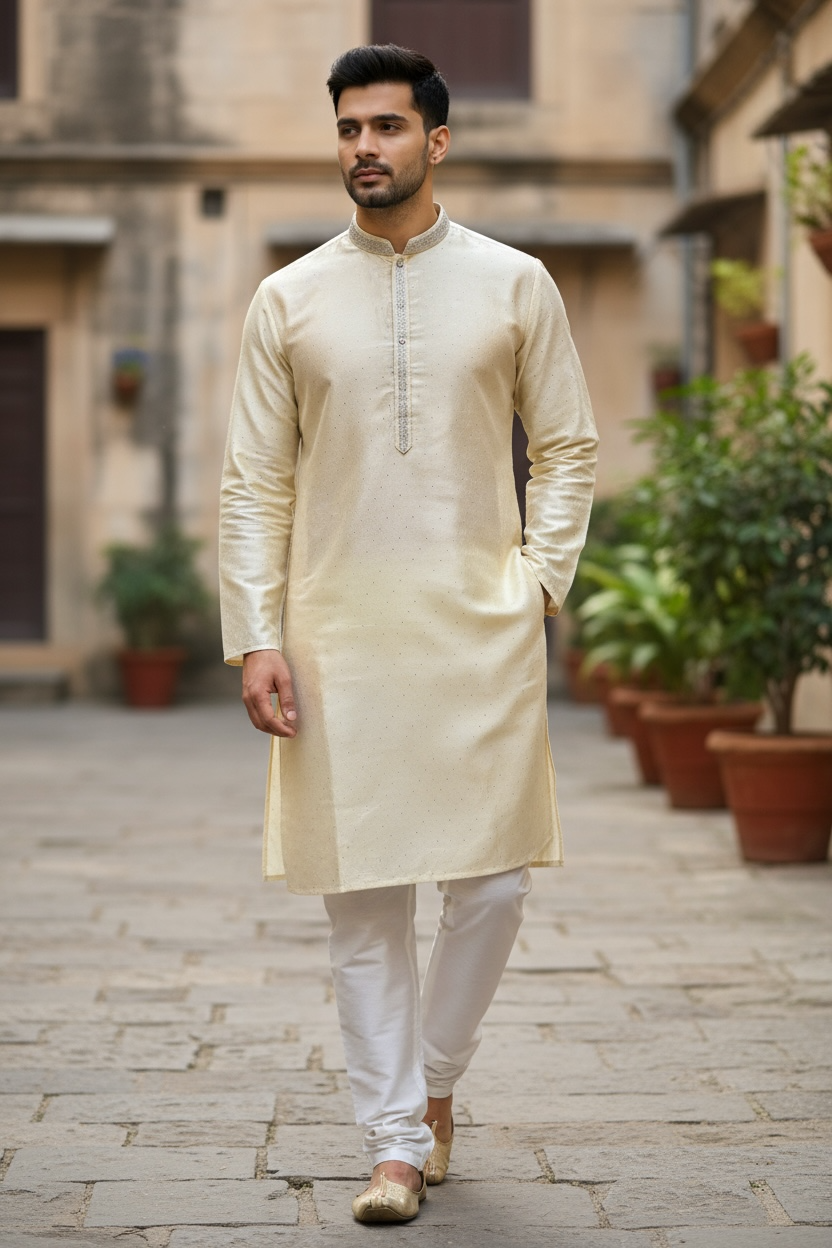 Off White / Cream - Banarasi Handloom Brocade Mens Indian Kurta set - UK Stock - Weddings / Walimas , Sangeet, Diwali, Eid, Mehndi / Henna - VEE2488 VR