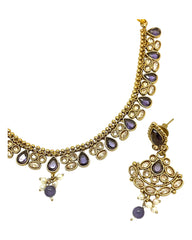 Purple - Small Size Antique Gold Finish Necklace Set with Earrings - Bollywood - AE2518 08A25