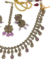 Lilac - Medium Size Antique Gold Finish Necklace Set with Earrings - KAJ1017 04C24