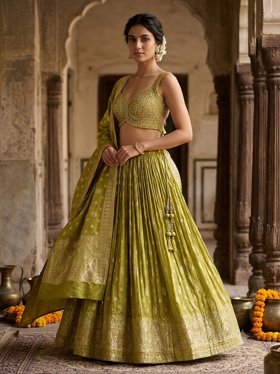 Size UK 12 (38") Henna Mehndi Green - Lehenga Set - Mehndi / Sangeet / Bridesmaids / Weddings / Garba  - UK Stock - 24h Dispatch - OC42090  05RY26