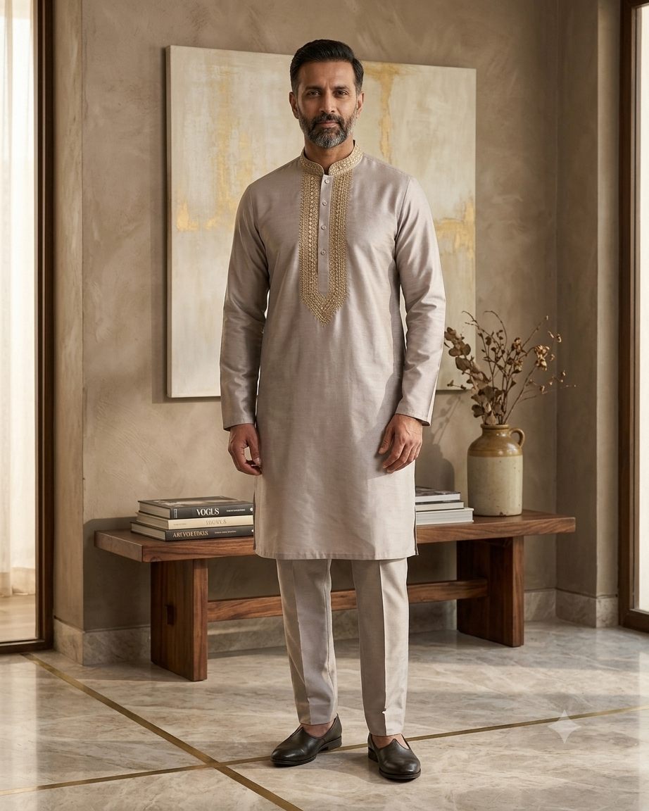 Baby Pink - Pastel - Soft Cotton Silky Mens Kurta Set with Neck Thread Embroidery- Sangeet Mehendi Haldi - KCS1019 06KC26